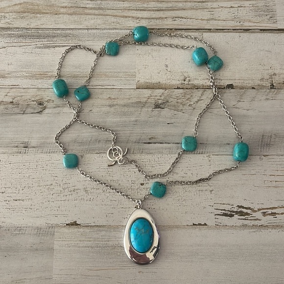 Vintage Simon Sebbag Silver Turquoise Station Pendant Necklace. - Picture 2 of 7